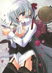  blue_eyes bottomless cleavage dress_shirt flower garter_belt globe gloves hato_no_tamago hato_rami long_hair mouth_hold open_shirt ponytail rami silver_hair stockings thighhighs very_long_hair 