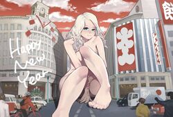  2015 bad_id bad_pixiv_id barefoot bicycle blue_eyes car chuuou_(tokyo) city completely_nude feet female giant giantess ginza_(tokyo) ginza_wako happy_new_year highres legs long_hair motor_vehicle new_year nude original real_world_location sitting sky smile solo_focus toes tokyo_(city) traffic truck white_hair yomu_(sgt_epper) 