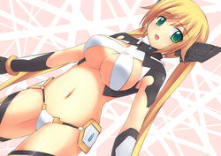  blonde_hair breasts commentary_request dutch_angle female gloves green_eyes huge_breasts long_hair navel ore_twintail_ni_narimasu photoshop_(medium) revealing_clothes smile solo srwsrx_(gp03dsrx) tailyellow thighhighs twintails underboob 