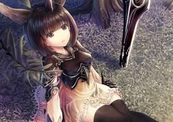  animal_ears black_hair black_thighhighs blunt_bangs branch breasts brown_eyes detached_sleeves female horns moon_al-mi&#039;raj outdoors planted rabbit_ears shadowverse short_hair single_horn sitting small_breasts solo thighhighs weapon windfeathers 