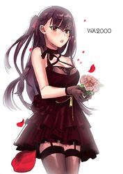  :o bad_id bad_pixiv_id beudyek blush bouquet breasts brown_hair character_name cleavage commentary_request dress female flower garter_straps girls&#039;_frontline gloves hair_ribbon highres large_breasts long_hair looking_at_viewer one_side_up petals photoshop_(medium) red_eyes ribbon rose rose_petals solo thighhighs wa2000_(girls&#039;_frontline) 