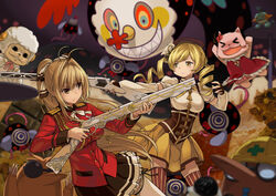  &gt;_&lt; 2girls absurdres amagi_brilliant_park antenna_hair beret blonde_hair blurry bow breasts brown_bow brown_eyes brown_hair charlotte_(madoka_magica) closed_eyes commentary_request corset cosplay cross_print crossover depth_of_field drill_hair fingerless_gloves frostcyco gloves gun hair_ornament hairbow hat helmet highres large_breasts long_hair macaron_(amaburi) magical_girl magical_musket mahou_shoujo_madoka_magica mahou_shoujo_madoka_magica_(anime) marshtomp monster multiple_girls musket naughty_face nonaka_ai photoshop_(medium) pokemon pokemon_(creature) ponytail pyotr_(madoka_magica) sakura_kyoko sakura_kyoko_(cosplay) sakura_kyoko_(magical_girl) saliva sento_isuzu shaded_face sharp_teeth skirt smiley_face striped_clothes striped_thighhighs teeth thighhighs tiramii tomoe_mami tomoe_mami_(magical_girl) twin_drills twintails underbust vertical-striped_clothes vertical-striped_thighhighs voice_actor_connection weapon weapon_connection wetland yellow_eyes 