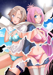  2girls ;d beach bikini black_legwear blue_bikini blue_eyes breasts brown_hair cleavage commentary_request hair_ornament hairclip highres holding_hands ichinose_koyomi interlocked_fingers long_hair medium_breasts multiple_girls navel one_eye_closed open_mouth page_tear pink_bikini pink_hair purple_eyes revealing_layer scarf shared_clothes shared_scarf shiny_skin short_hair skindentation smile strap_gap swimsuit tadashii_kodomo_no_tsukuri_kata! takane_kyouko thigh_gap thighhighs toto._(nahanahasai) very_long_hair white_legwear 