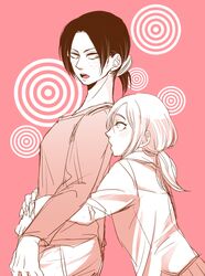  2girls blush commentary_request den1208 freckles from_side hug hug_from_behind krista_lenz long_sleeves monochrome multiple_girls official_style open_mouth pink_background ponytail shingeki_no_kyojin short_hair ymir_(shingeki_no_kyojin) 