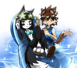  2017 anthro belly bikini black_body black_fur blush breasts brown_body brown_fur brown_hair canid canine cleavage clothed clothing duo eyewear fan_character female fox freedom_planet fur galaxytrail glasses goggles hair kenjikanzaki05 male mammal nastypoke_(character) navel partially_submerged shen_lei_fan simple_background swimwear water white_background white_belly white_body white_fur 