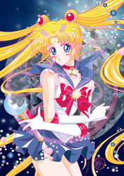  absurdres back_bow bishoujo_senshi_sailor_moon bishoujo_senshi_sailor_moon_(first_season) blonde_hair blue_eyes blue_sailor_collar bow choker crescent crescent_facial_mark double_bun facial_mark female gloves hair_bun highres holding holding_wand long_hair magical_girl moon_stick_(sailor_moon) red_bow red_choker riccardo_bacci sailor_collar sailor_moon sailor_senshi_uniform solo transformation_brooch_(sailor_moon) tsukino_usagi twintails wand white_gloves 