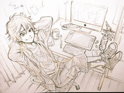  1boy arms_behind_head big_hero_6 chair computer cup desk from_above graphite_(medium) hiro_hamada male_focus monitor mug pencil shorts smile solo toboso_yana traditional_media uneven_eyes 