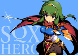  ahoge armor blue_armor boobplate breastplate breasts brown_shorts cape commentary_request female green_hair hair_ornament hair_tubes hero_(sekaiju) hero_2_(sekaiju) highres holding holding_sword holding_weapon long_hair low-tied_long_hair medium_breasts mocchisake open_mouth orange_pantyhose pantyhose purple_eyes red_cape sekaiju_no_meikyuu sekaiju_no_meikyuu_x shorts solo sword tiara weapon 