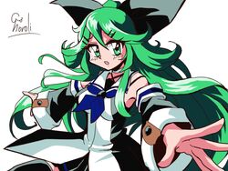  1990s_(style) araizumi_rui_(style) black_serafuku black_skirt blue_neckwear choroli_(chorolin) commentary_request cowboy_shot detached_sleeves female foreshortening green_eyes green_hair hair_between_eyes hair_ornament hair_ribbon hairclip kantai_collection long_hair parody parted_bangs ponytail retro_artstyle ribbon school_uniform serafuku signature simple_background skirt solo style_parody white_background yamakaze_(kancolle) 