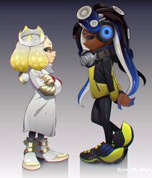  2girls absurdres arms_behind_back boots closed_eyes commentary_request cosplay crossed_arms crown dark-skinned_female dark_skin emperor_(splatoon) emperor_(splatoon)_(cosplay) full_body goggle-kun_(splatoon) goggle-kun_(splatoon)_(cosplay) goggles goggles_around_neck gradient_background headphones height_difference highres inkling jacket long_hair looking_at_another marina_(splatoon) multiple_girls octoling pearl_(splatoon) puchiman short_hair splatoon_(manga) splatoon_(series) splatoon_2 tentacle_hair very_dark_skin white_hair yellow_eyes 