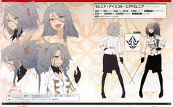  :p absurdres black_gloves black_skirt breasts celenike_icecolle_yggdmillennia character_name character_profile claw_hair_clip cleavage expressions fate/apocrypha fate_(series) female glasses gloves grey_hair hair_ornament hairclip high_heels highres konoe_ototsugu long_hair multiple_views official_art one_eye_closed pantyhose profile reference_sheet scan skirt slit_pupils sword tongue tongue_out turnaround uniform weapon 