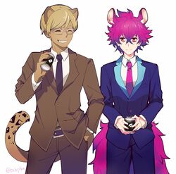  2boys alternate_costume animal_ears blonde_hair business_suit closed_eyes coffee commentary english_commentary formal glasses gradient_hair male_focus multicolored_hair multiple_boys necktie pink_hair purple_hair rikao_(show_by_rock!!) rom_(show_by_rock!!) sebychu show_by_rock!! suit tail 