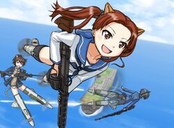  3girls aircraft_carrier anatomirai animal_ears bad_id bad_pixiv_id boys_anti_tank_rifle brown_hair cat_ears cat_girl cat_tail cosplay dog_ears dog_girl drum_magazine flying fox_ears fox_girl fukuen_misato girls_und_panzer gun kadotani_anzu kawashima_momo koyama_yuzu long_hair lynette_bishop lynette_bishop_(cosplay) magazine_(weapon) military military_uniform military_vehicle miyafuji_yoshika miyafuji_yoshika_(cosplay) multiple_girls no_pants ocean panties pantyhose perrine_h._clostermann perrine_h._clostermann_(cosplay) ship short_hair strike_witches striker_unit tail type_98_machine_gun underwear uniform voice_actor_connection warship watercraft weapon world_witches_series zuikaku_(girls_und_panzer) 