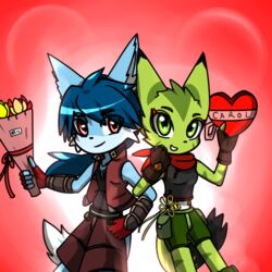  1:1 2017 anthro blue_body blue_fur blue_hair carol_tea clothing duo english_text felid feline felis female fingerless_gloves flower freedom_planet fur galaxytrail gloves hair handwear heart_symbol holidays kenjikanzaki05 male male/female mammal midriff neil_(anrock3) plant text valentine&#039;s_day wildcat 