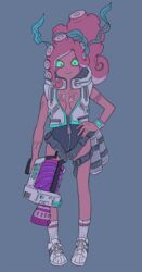  bad_id bad_twitter_id center_opening dark-skinned_female dark_skin female green_eyes h-3_nozzlenose_(splatoon) hand_on_own_hip katou_(osoraku) kelp leotard looking_at_viewer octoling octoling_player_character ponytail red_hair shoes smile sneakers solo splatoon_(series) tattoo 