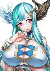  aqua_hair ars_paulina_(p&amp;d) asymmetrical_horns bare_shoulders blunt_bangs bracelet breast_hold breasts bursting_breasts chinese_commentary cleavage cleavage_cutout clenched_hand clothing_cutout commentary_request female hair_ornament hand_on_own_chest head_tilt horns huge_breasts ion_(cation) jewelry long_hair looking_away mismatched_horns open_mouth parted_bangs photoshop_(medium) purple_eyes puzzle_&amp;_dragons raised_eyebrows simple_background skindentation solo upper_body very_long_hair white_background wrist_cuffs 