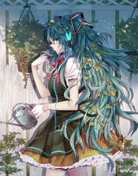  aqua_eyes aqua_hair bow commentary_request dress female gloves hatsune_miku headphones leaf long_hair noka_(blackheart1118) plant solo very_long_hair vocaloid watering_can 