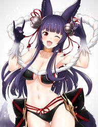  ;d animal_ears armpits ass_visible_through_thighs bell blunt_bangs blush breasts choker commentary_request double_fox_shadow_puppet erune female flower_knot fox_ears fox_girl fox_shadow_puppet fox_tail fur_trim futami_(mg42fw190d) gradient_background granblue_fantasy grey_background hair_bell hair_ornament highres jingle_bell long_hair looking_at_viewer medium_breasts oerba_yun_fang one_eye_closed open_mouth purple_hair red_eyes smile solo tail tassel yellow_choker yuel_(granblue_fantasy) 