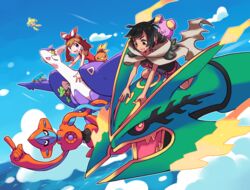  2girls black_hair blue_eyes brown_hair deoxys haruka_(pokemon) higana_(pokemon) jirachi mega_rayquaza mudkip multiple_girls nintendo pokemon pokemon_(game) pokemon_oras red_eyes torchic treecko whismur 