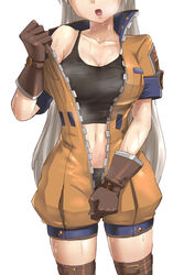  :o black_tank_top breasts brown_gloves brown_legwear cleavage commentary_request facing_viewer female gloves grey_hair head_out_of_frame jumpsuit kozimoko long_hair medium_breasts navel sennen_sensou_aigis simple_background solo standing sweat tank_top very_long_hair wendy_(sennen_sensou_aigis) white_background zipper 