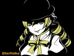  a_clockwork_orange blonde_hair bowler_hat commentary_request drill_hair evil_grin evil_smile female grin hair_ornament hairpin hat kubrick_stare looking_at_viewer magical_girl mahou_shoujo_madoka_magica mahou_shoujo_madoka_magica_(anime) parody smile solo tomoe_mami tomoe_mami_(magical_girl) torigoe_takumi twin_drills twintails twitter_username yellow_eyes 