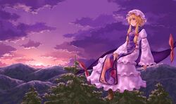  blonde_hair bow brown_footwear closed_mouth cloud cloudy_sky commentary_request dress female forest frilled_dress frills from_side full_body gap_(touhou) hair_ribbon hat hat_ribbon landscape long_sleeves mountain nature outdoors purple_bow purple_eyes purple_sky ribbon scenery short_hair_with_long_locks sitting sky smile solo sunset tabard table touhou tree tress_ribbon wasabichan white_dress white_hat wide_sleeves yakumo_yukari 