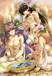  3girls bare_shoulders black_hair blonde_hair breasts cleavage closed_eyes commentary_request flower hair_flower hair_ornament hisahiko large_breasts lofn_(mythology) long_hair moeru!_jiten moeru!_valkyrie_jiten multiple_girls norse_mythology photoshop_(medium) purple_hair red_eyes sjofn_(mythology) smile var_(mythology) water 