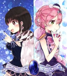  2girls black_hair bluebell_candy bow candy commentary_request food gem green_eyes hat iipoyo_(364poyo) lapis_lazuline magical_girl mahou_shoujo_ikusei_keikaku md5_mismatch multiple_girls nail_polish pink_hair pose short_hair smile split_screen 