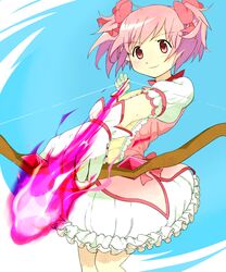  bad_id bad_pixiv_id blush bom_(moobu) bow_(weapon) choker female gloves hair_ribbon kaname_madoka kaname_madoka_(magical_girl) magical_girl mahou_shoujo_madoka_magica mahou_shoujo_madoka_magica_(anime) pink_eyes pink_hair puffy_sleeves ribbon short_sleeves short_twintails smile solo twintails weapon 