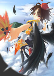  bad_id bad_pixiv_id black_wings brown_hair cloud day feathered_wings feathers female flying from_behind geta grin hat highres looking_at_viewer looking_back mountain neko7 outdoors photoshop_(medium) pom_pom_(clothes) red_eyes red_hat shameimaru_aya short_hair skirt sky smile solo tokin_hat touhou wings 