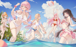  5girls absurdres aemeath_(wuthering_waves) alternate_costume alternate_hairstyle armpits arms_up ball beachball bikini bikini_skirt black_hair blonde_hair blue_eyes blue_sky blush body_markings breasts chigusa7h chisa_(peach_parfait)_(wuthering_waves) chisa_(wuthering_waves) collarbone commentary day denia_(wuthering_waves) denim denim_shorts earrings english_commentary frilled_bikini frills highres holding holding_water_gun jewelry long_hair looking_at_another lynae_(peppermint)_(wuthering_waves) lynae_(wuthering_waves) medium_breasts mole mole_on_thigh multicolored_hair multiple_girls navel open_mouth orange_hair outdoors pink_bikini pink_eyes pink_hair pink_skirt plaid_bikini plaid_clothes red_bikini shirt shorts sigrika_(wuthering_waves) skirt sky smile stomach swimsuit thighs twintails very_long_hair volleyball_(object) water_gun white_bikini white_shirt wuthering_waves 