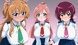  3girls :o absurdres alternate_costume arms_behind_back blue_eyes blue_hair blue_skirt blush breasts brown_hair commentary dress_shirt gradient_background green_eyes green_necktie hair_bun hair_ribbon highres hirogaru_sky!_precure hoshizora_ikuyo houjou_hibiki in-franchise_crossover large_breasts leaning_forward long_hair long_sleeves low_ponytail multiple_girls nanairogaoka_middle_school_uniform necktie nijigaoka_mashiro open_mouth pink_background pink_necktie pink_ribbon pleated_skirt ponytail precure purple_ribbon red_eyes red_hair red_necktie ribbon school_uniform shirt single_hair_bun skirt skymashiro smile_precure standing suite_precure two_side_up white_ribbon white_shirt wing_collar 