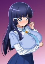 absurdres aoki_reika arm_under_breasts blue_eyes blue_hair blue_necktie blue_shirt blue_skirt blunt_bangs breasts closed_mouth commentary dress_shirt female gradient_background hair_ornament hairclip highres large_breasts long_hair looking_at_viewer nanairogaoka_middle_school_uniform necktie pleated_skirt precure purple_background school_uniform shirt short_sleeves skirt skymashiro smile smile_precure solo standing straight_hair symbol-only_commentary white_shirt wing_collar 