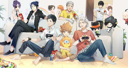  bandaged_hand bandages bird black_hair brown_hair can chips_(food) chrome_dokuro commentary_request controller couch doorway drink_can ekita_kuro eyepatch food game_controller gokudera_hayato green_eyes grey_hair hat hibari_kyouya highres i-pin jewelry katekyo_hitman_reborn! lambo miura_haru necklace necktie open_mouth orange_hair purple_hair reborn rokudou_mukuro sasagawa_kyouko sasagawa_ryohei sawada_tsunayoshi shirt shoes short_hair socks soda_can t-shirt tonfa weapon yamamoto_takeshi 