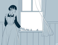  animal apron arm_behind_back bird blue_theme blunt_bangs closed_mouth collared_dress commentary_request curtains day dress feeding feet_out_of_frame female flat_chest food hair_bun happy indoors long_sleeves looking_down looking_to_the_side maid maid_apron monochrome motion_lines neck_ribbon open_hand open_window original outstretched_hand ribbon sidelocks signature single_hair_bun smile standing victorian_maid wall wind window yoekosukii 