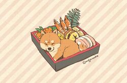  animal_focus black_eyes box canine carrot closed_eyes commentary datemaki_(food) food food_focus kamaboko leaf looking_at_viewer mojacookie no_humans omelet original osechi oversized_food oversized_object plant shiba_inu shrimp smile striped striped_background tamagoyaki twitter_username 