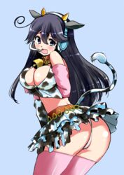  animal_ears animal_print ass bell black_hair blue_eyes breast_hold breasts collar commentary_request cosplay cow_ears cow_girl cow_horns cow_print cow_tail cowbell detached_sleeves female gloves headset horns idolmaster idolmaster_cinderella_girls kantai_collection large_breasts looking_at_viewer microskirt neck_bell oikawa_shizuku oikawa_shizuku_(cosplay) open_mouth perepere-kun pink_thighhighs pun skirt solo tail tail_raised tears thighhighs ushio_(kancolle) white_gloves 