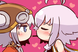  2girls antenna_hair bare_shoulders blush brown_hat brown_jacket closed_eyes closed_mouth commentary_request facing_another food food_in_mouth hat heart jacket long_hair looking_at_another multiple_girls naga_u pink_hair pocky pocky_kiss portrait pratty profile purple_background shared_food sidelocks silver_hair sugarette summon_night summon_night:_swordcraft_story sweat yuri 