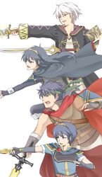  3boys ancestor_and_descendant bad_id bad_pixiv_id blue_eyes blue_hair blush cape falchion_(fire_emblem) female fire_emblem fire_emblem:_mystery_of_the_emblem fire_emblem:_path_of_radiance fire_emblem_awakening highres hood ike_(fire_emblem) koineko_(aph0310) long_hair lucina_(fire_emblem) marth_(fire_emblem) multiple_boys ragnell robin_(fire_emblem) robin_(male)_(fire_emblem) short_hair super_smash_bros. white_hair 