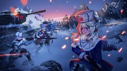  aiming battle blonde_hair bolt_action boots charging commentary_request dp28_(girls_frontline) freckles girls_frontline grass ground_vehicle gun handgun korean_commentary lim_jaejin machine_gun makarov_(girls_frontline) military military_vehicle mosin-nagant mosin-nagant_(girls_frontline) motor_vehicle mountain multiple_girls nagant_revolver_(girls_frontline) namesake open_mouth pantyhose pistol ppsh-41 ppsh-41_(girls_frontline) rifle rock snow submachine_gun t-34-85 tank tracer_fire weapon 