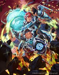  1boy abs armor armored_boots ball blue_eyes boots cardfight!!_vanguard commentary_request company_name fire full_body gigantech_shot_putter headband hmk84 male_focus navel official_art red_hair rock solo sparkle 