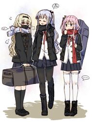  3girls ak-12_(girls&#039;_frontline) alternate_costume an-94_(girls&#039;_frontline) artist_name bag blonde_hair blue_eyes blue_hair boots chinese_commentary closed_eyes commentary_request girls&#039;_frontline hair_ornament jacket mask mouth_mask multiple_girls pink_hair plug_(feng-yushu) scarf school_uniform shoes skirt st_ar-15_(girls&#039;_frontline) thighs 