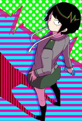  audio_jack bad_id bad_pixiv_id black_eyes black_hair boku_no_hero_academia colorful digital_media_player female green_skirt hand_on_own_hip ipod jirou_kyouka long_sleeves necktie pleated_skirt school_uniform short_hair skirt solo standing u.a._school_uniform yagiushi_(sinnpatilove) 