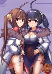  2girls :o ahoge ass azur_lane breasts brown_hair china_dress chinese_clothes cleavage commentary diagonal_stripes dress fingernails fur-trimmed_jacket fur_trim hair_between_eyes hair_rings hairband hairpods highres jacket kuronekozero long_hair long_sleeves looking_at_viewer looking_to_the_side medium_breasts multiple_girls ning_hai_(azur_lane) oerba_yun_fang off_shoulder open_mouth panties parted_lips pelvic_curtain ping_hai_(azur_lane) purple_dress purple_hair red_dress red_eyes sidelocks sleeves_past_wrists striped striped_background twintails underwear very_long_hair white_hairband white_jacket white_panties 