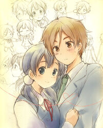  1boy bad_id bad_pixiv_id black_hair brown_eyes brown_hair couple female kitashirakawa_tamako long_hair miton_(ton321) necktie ooji_mochizou school_uniform short_hair straight tamako_market twintails 