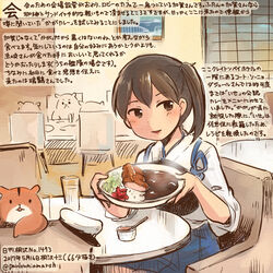  admiral_(kancolle) animal blue_hakama brown_eyes brown_hair colored_pencil_(medium) commentary_request curry curry_rice dated female food hakama hakama_skirt hamster holding holding_plate japanese_clothes kaga_(kancolle) kantai_collection katsu_curry kirisawa_juuzou kirisawa_juuzou_(character) md5_mismatch muneate non-human_admiral_(kancolle) nontraditional_miko numbered plate rice short_hair side_ponytail sitting skirt smile tasuki traditional_media twitter_username 