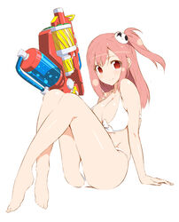  arm_support bare_shoulders barefoot bikini blush breasts cleavage commentary_request dead_or_alive dead_or_alive_5 female full_body hair_between_eyes hair_ornament highres honoka_(doa) k-kun large_breasts long_hair looking_at_viewer one_side_up pink_hair red_eyes senran_kagura senran_kagura_peach_beach_splash simple_background sitting smile solo swimsuit water_gun white_background white_bikini 