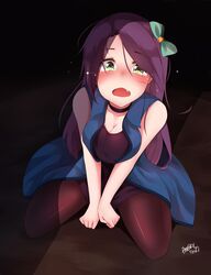  a:n_(angrynum) abigail_(stardew_valley) bad_id bad_pixiv_id bare_shoulders blush breasts choker cleavage crying crying_with_eyes_open dress female green_eyes highres long_hair looking_at_viewer medium_breasts oerba_yun_fang open_mouth pantyhose purple_hair signature sitting solo stardew_valley tears v_arms wariza 