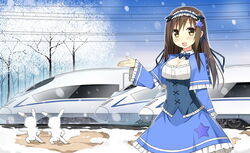  blush breasts brown_hair china_railway_girl commentary_request female long_hair looking_at_viewer medium_breasts open_mouth original personification rabbit saionji_rin_(crh380b) sky-freedom smile snowing star_(symbol) train 