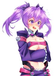  aisha_landar bad_id bad_pixiv_id bandeau blush breasts commentary commission elsword english_commentary eungking_(tog2029) female highres medium_breasts midriff miniskirt navel purple_eyes purple_hair purple_skirt purple_sleeves purple_theme short_hair short_twintails skirt smile solo thighhighs twintails void_princess_(elsword) 